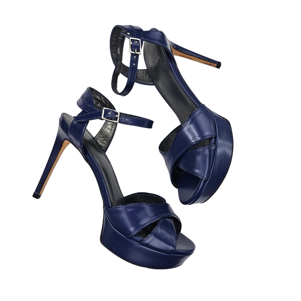 STUART WEITZMAN Navy Blue Leather Stiletto Platform Sandals